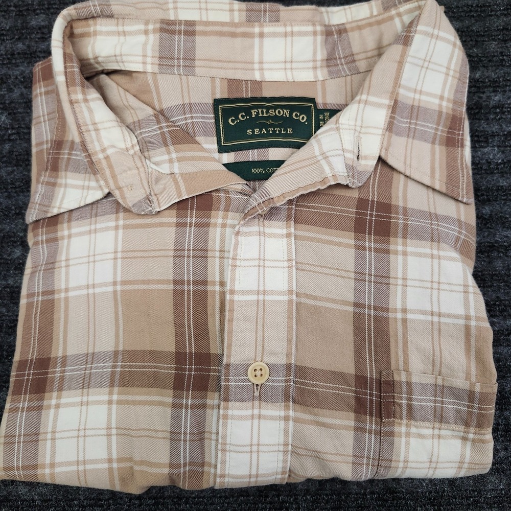 cc filson button up shirt brown white plaid XL mens